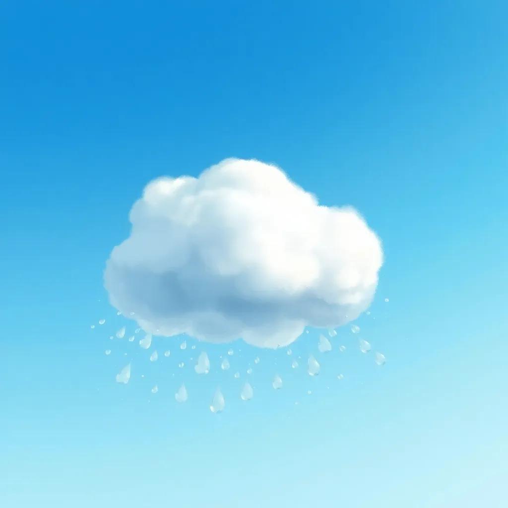 A fluffy white cloud in the clear blue sky, surrounded by sparkling water droplets gathering together, creating a magical scene, illustration, soft colors, playful vibe, child-friendly