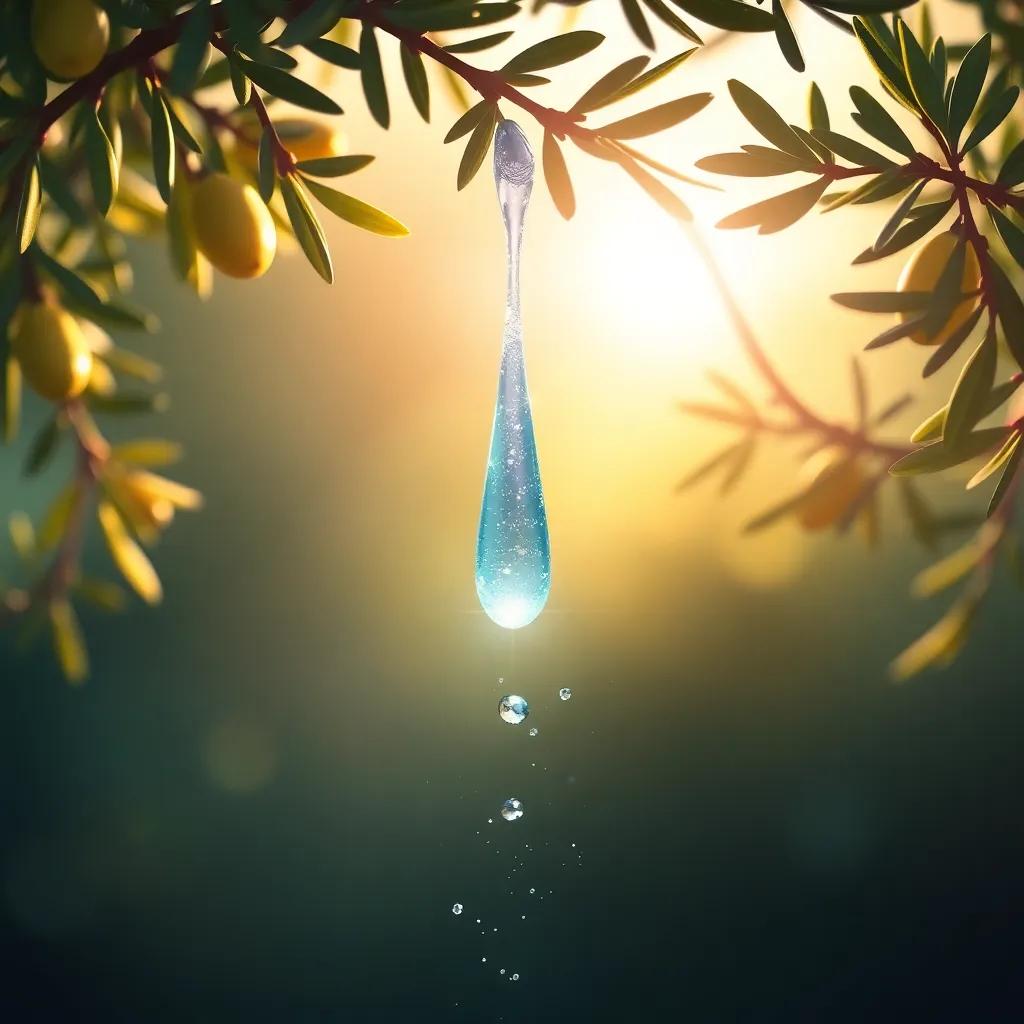 A sparkling drop of water, glistening in the sunlight, gently falling towards the olive tree, creating a moment of magic, illustration, enchanting, warm light, conveying hope and joy, high quality