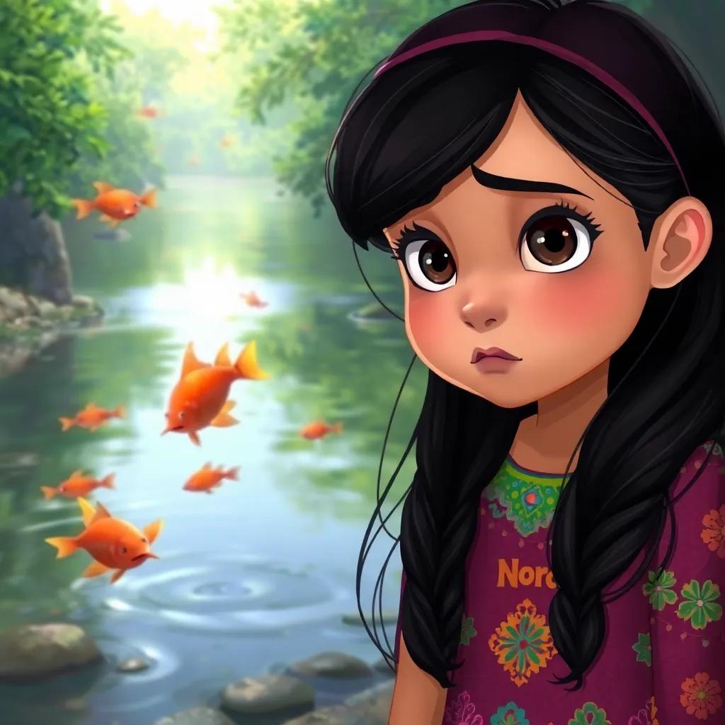 A young Arab girl, Noor, with long, dark hair wearing a colorful dress, looking worried by a murky river with disappearing fish, digital art, vibrant colors, with a concerned expression, high quality