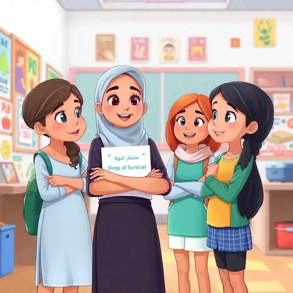 Noor, a young Arab girl, standing confidently with her friends, discussing their plan for the 'Drop of Survival' campaign with determination and hope, lively school background, colorful posters around, illustration, cheerful, child-friendly