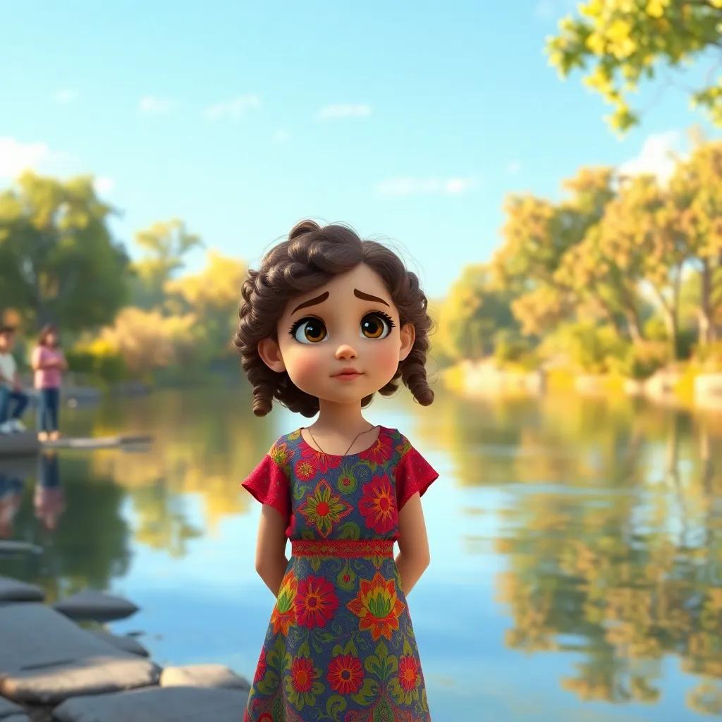 A young Arab girl, نور, with curly brown hair, wearing a colorful dress, standing by a river looking concerned with her friends, beautiful river scenery, reflection of trees in water, bright colors, cheerful atmosphere, eye-catching