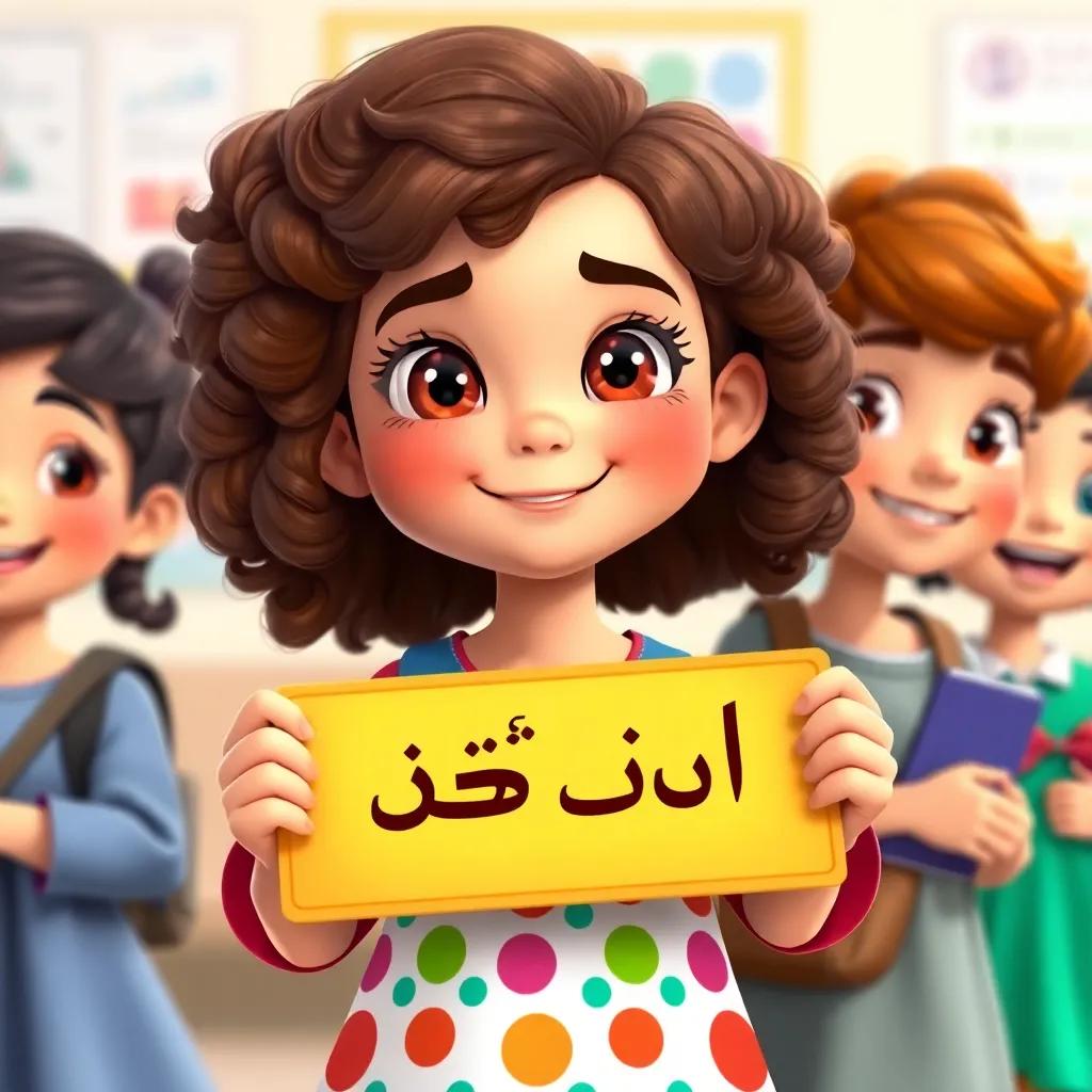 A young Arab girl, نور, with curly brown hair, wearing a colorful dress, holding a sign that says 'قطرة النجاة', with her friends, happy expressions, school background, colorful, lively and engaging