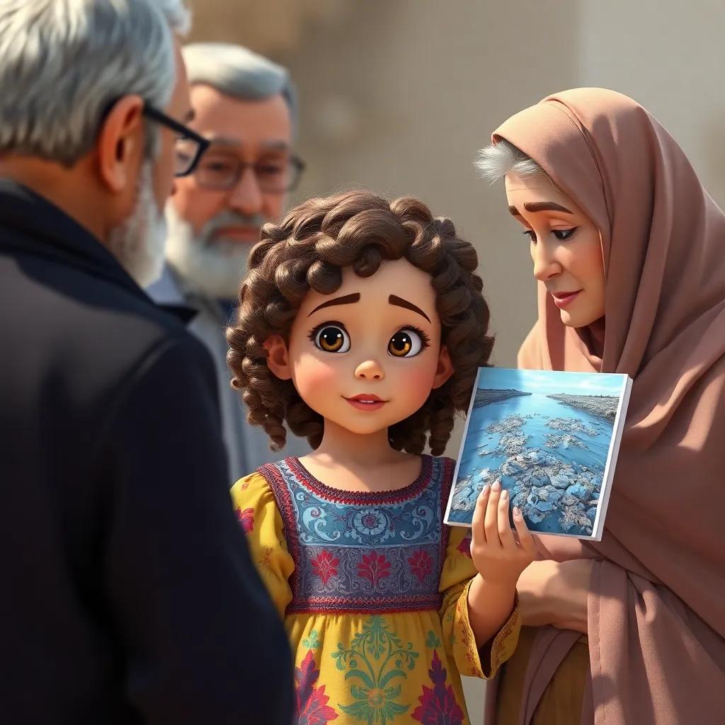 A young Arab girl, نور, with curly brown hair in a colorful dress, talking to older people, showing them a picture of polluted water, serious expressions, cooperative atmosphere, detailed and clear