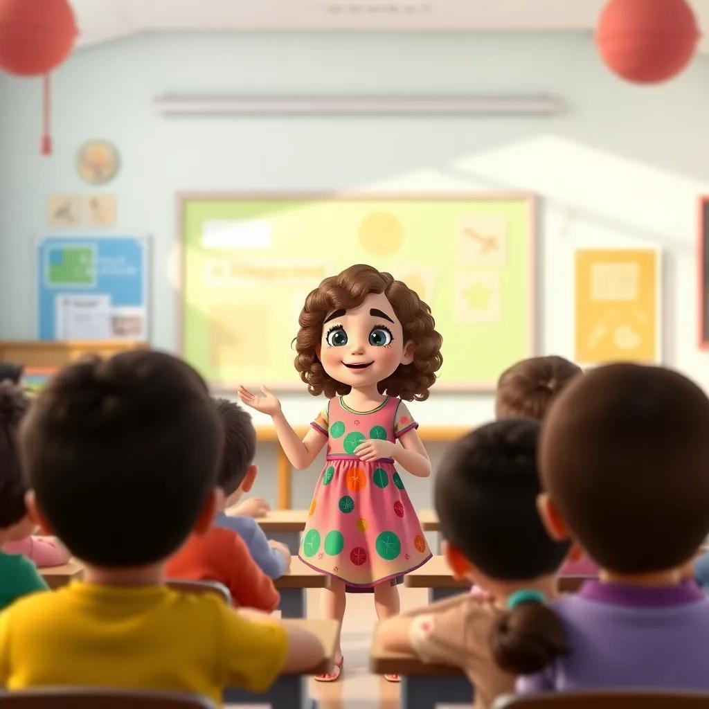A young Arab girl, نور, with curly brown hair in a colorful dress, giving a presentation at school in front of classmates, cheerful, fun activity atmosphere, educational themes, bright classroom, engaging imagery