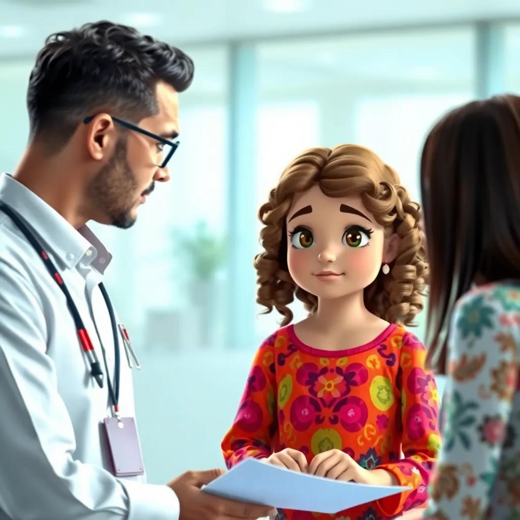 A young Arab girl, نور, with curly brown hair wearing a colorful dress, speaking with officials, they are reviewing documents, serious focus, bright office environment, teamwork and cooperation, detailed