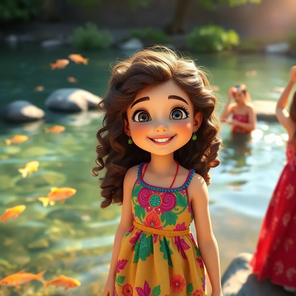 A young Arab girl, نور, with curly brown hair wearing a colorful dress, celebrating by the river with friends as fish swim in the clear water, joyful ambiance, nature and bright colors, cheerful