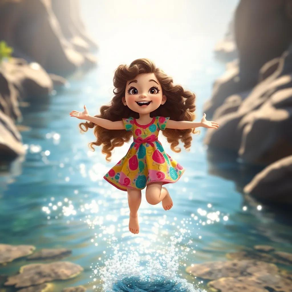 A young Arab girl, نور, with curly brown hair in a colorful dress, jumping joyfully as the river behind her sparkles, sunlight reflecting on water, clean environment, fantasy style, energetic