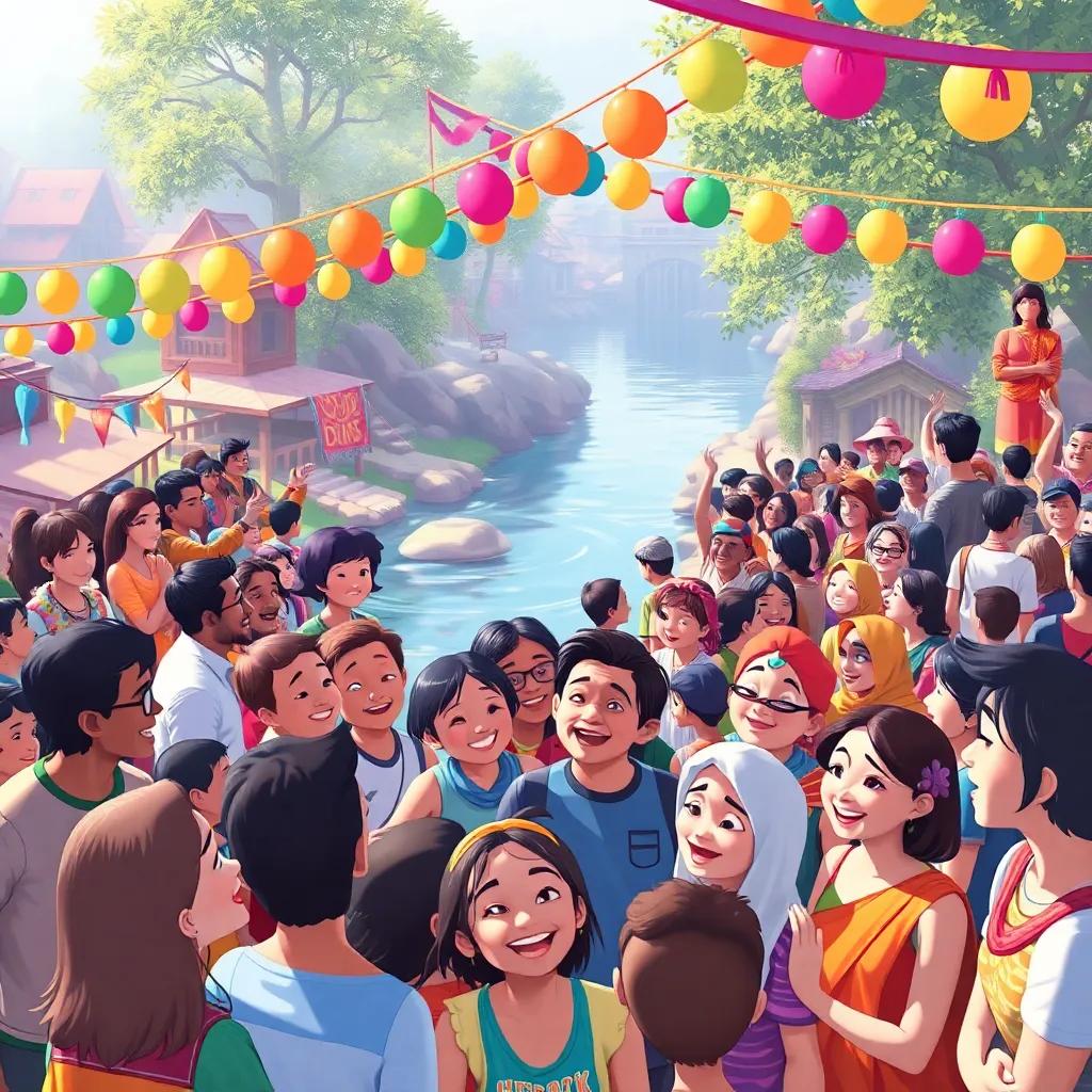 A community of people gathered around the river with colorful decorations for celebration, showing their joy, an atmosphere of happiness, friendly faces, happy gathering scene, colorful