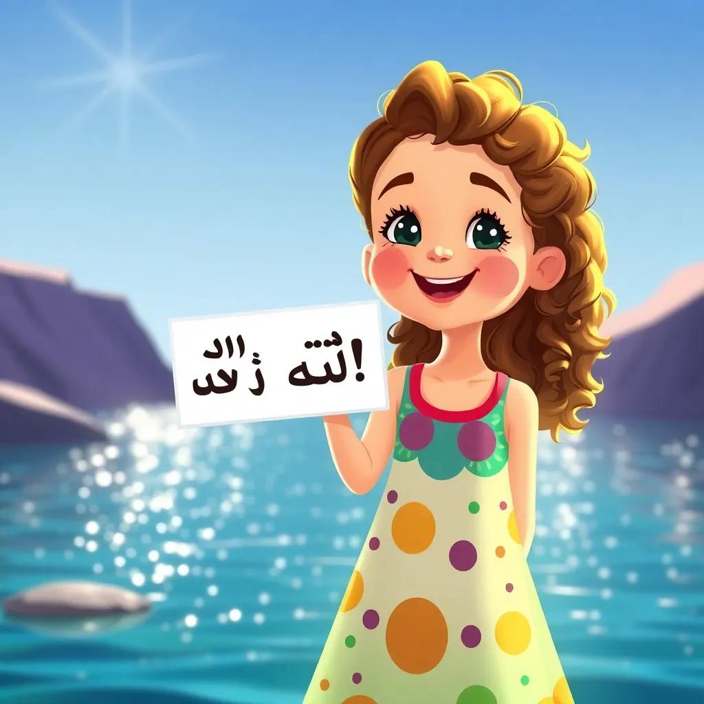 A young Arab girl, نور, with curly brown hair wearing a colorful dress, happily holding a sign that says 'سنستمر في الاهتمام!', standing by the sparkling river, radiant and bright, child-friendly illustration, uplifting