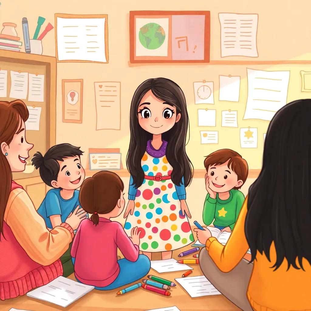 Nour, a young Arab girl, with long, dark hair in a colorful dress, gathered with her friends brainstorming ideas in a cozy room filled with papers and markers, cheerful, collaborative, warm light, artistic