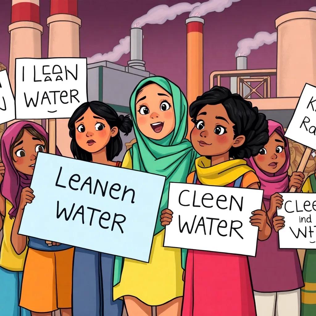 A group of girls including Nour, passionately discussing the importance of clean water in front of a factory, with protest signs and determined expressions, illustration, vibrant colors, community activism, high detail