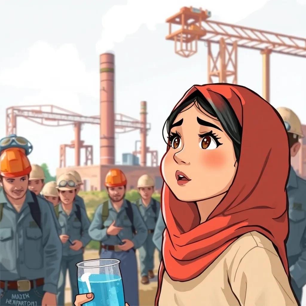 Nour, a young Arab girl, passionately talking to factory workers about treating polluted water, with sincerity in her eyes, digital painting, realistic, empowering feel, sharp focus