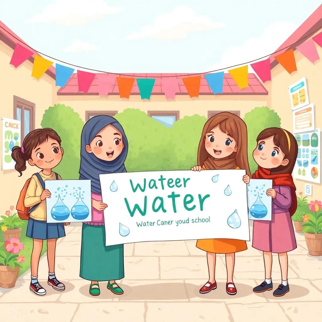 Nour and her friends in the school yard, organizing an event to promote water conservation, decorated with colorful banners and posters, lively, community spirit, clear sky, high quality