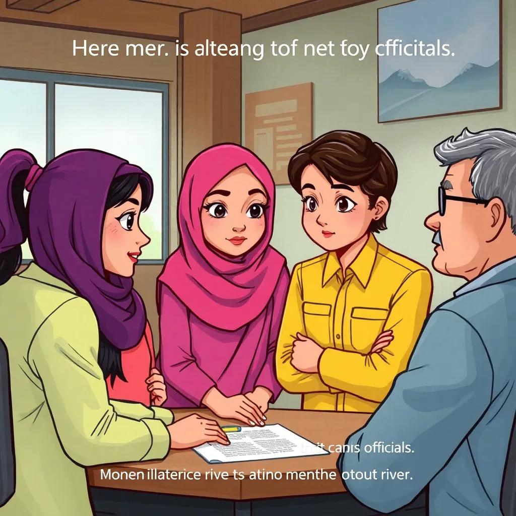 Nour and her friends meeting with local officials, discussing the monitoring of the river, with serious expressions and determination, professional setting, digital art, important topic focus