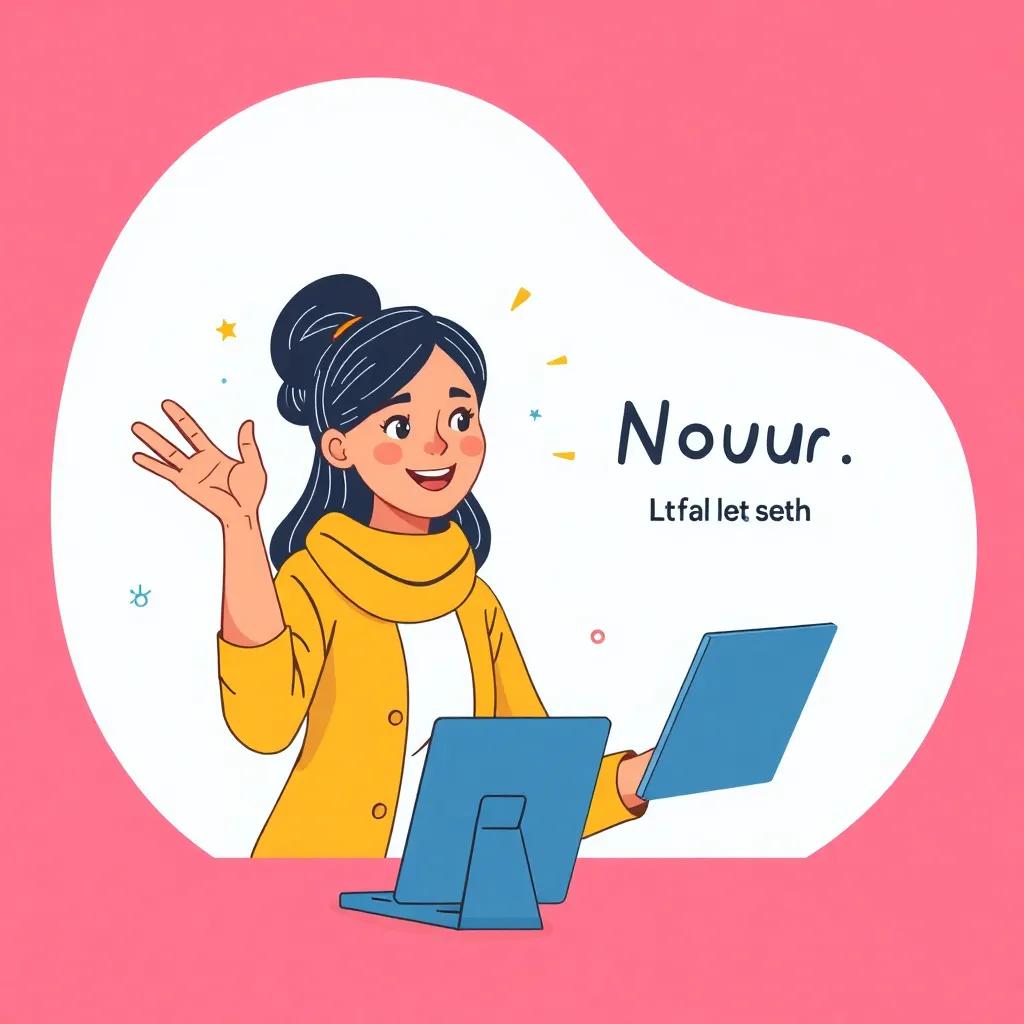 Nour leading an online awareness campaign through videos and social media, enthusiastic about reaching people, illustration, bright colors, engaging technology, clear focus