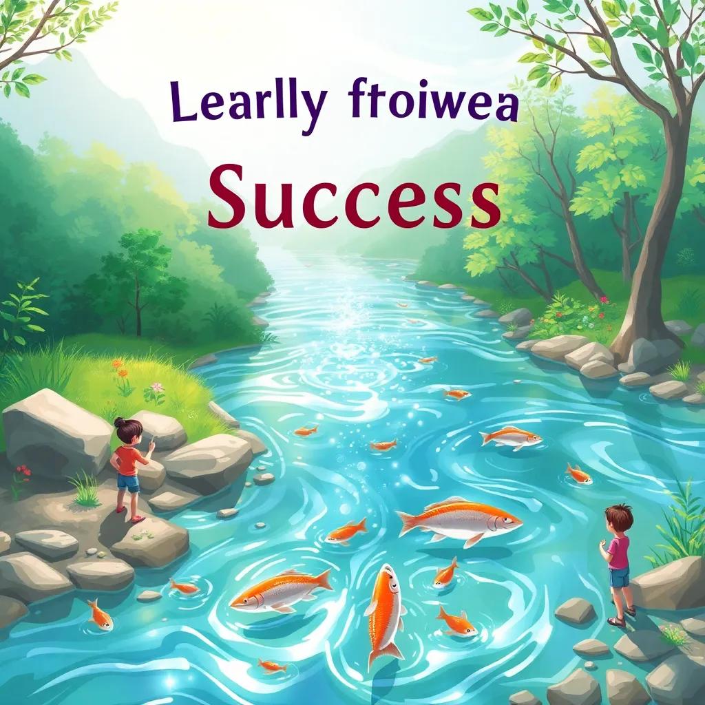 A sparkling clean river, full of life with fish swimming, and children playing by the bank, a beautiful day representing success, digital illustration, refreshing colors, joyful atmosphere