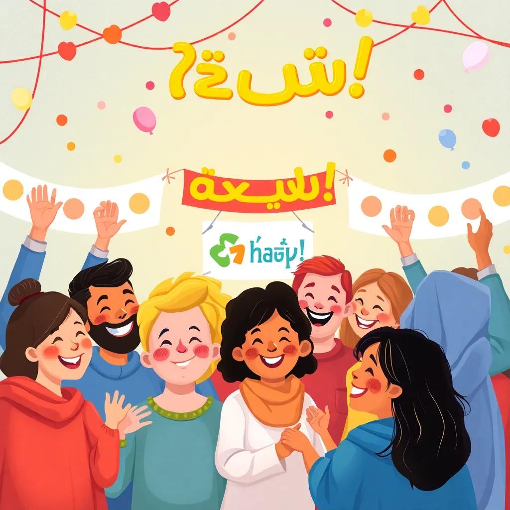 The community celebrating the success of the "قطرة النجاة" campaign, with joyful faces and colorful decorations, a sense of unity and hope, digital art, vibrant colors, uplifting