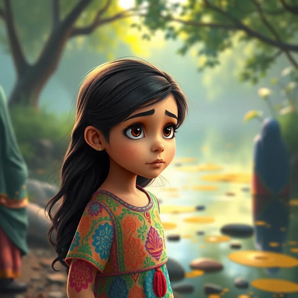 A young Arabic girl, Noor, with long dark hair wearing a colorful dress, looking worriedly at a river with polluted water, surrounded by her friends Laila and Sara, feeling determined, digital art, vibrant colors, atmospheric, high quality