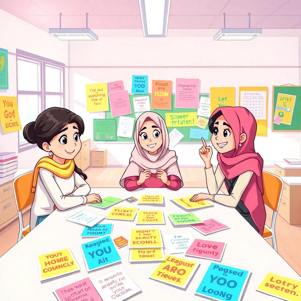 A scene of Noor, Laila, and Sara, brainstorming ideas for their campaign, with colorful posters and slogans scattered around them, inside a bright classroom, illustration, cheerful, energetic
