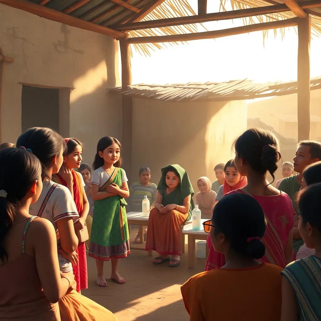 The girls organizing a community workshop in a village center, talking to a crowd about water pollution, engaged villagers listening attentively, warm light, community-focused, positive atmosphere, digital painting
