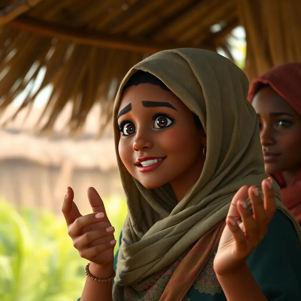 A close-up shot of Noor addressing the villagers passionately about the importance of protecting water, hands gesturing expressively, sincerity in her eyes, lively setting, engaging perspective, high quality