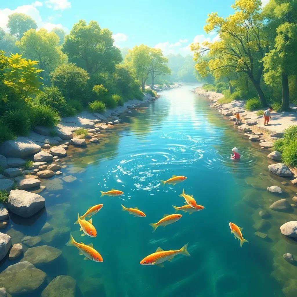 The river slowly becoming clearer again, with fish swimming happily, and children playing along the banks, nature flourishing, bright sunlight, heartwarming, vibrant colors, joyful scene, digital art