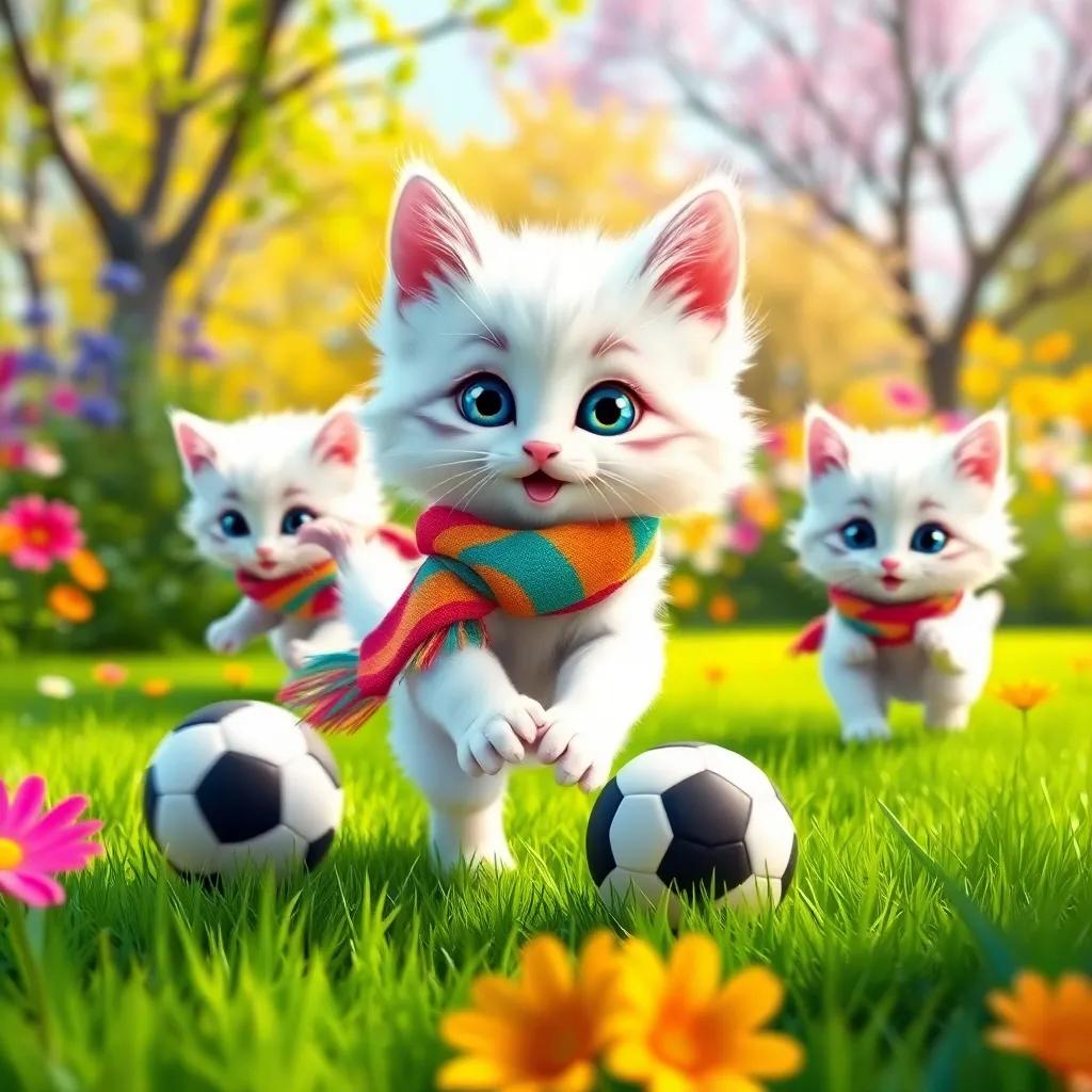 Three cute kittens, Mia, a fluffy white kitten with blue eyes wearing a colorful scarf, playing soccer in a sunny park, vibrant flowers and green grass around, digital art, cheerful and bright atmosphere, high quality