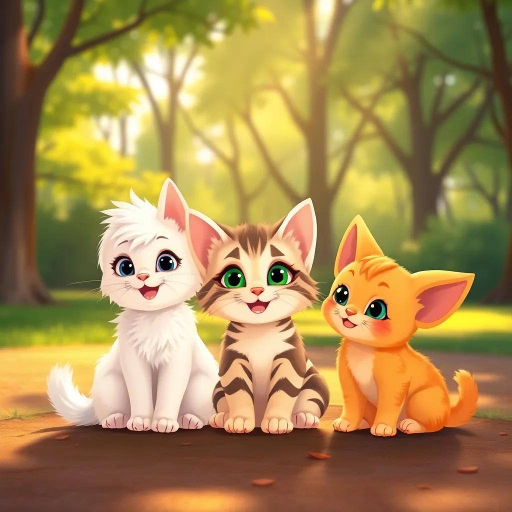 Three kittens, Mia, a fluffy white kitten, Sumsum, a striped kitten with green eyes, and Lulu, a small orange kitten with big ears, sitting in the park after playing, looking energetic and happy, sunlight shining, lively environment, illustration, warm colors, joyful scene