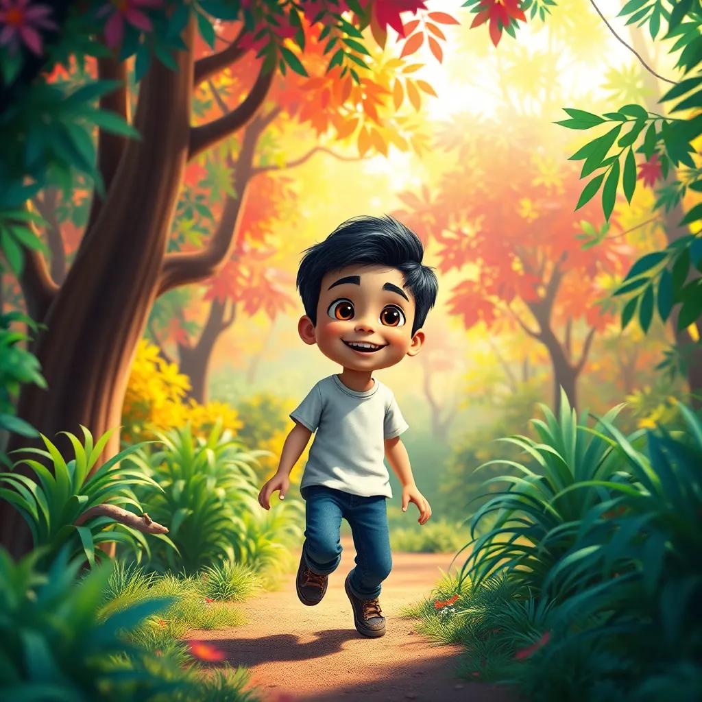 A young Arab boy, Sami, with short black hair, wearing a simple t-shirt and jeans, joyfully exploring a colorful forest with sunlight filtering through the leaves, whimsical, vibrant, playful