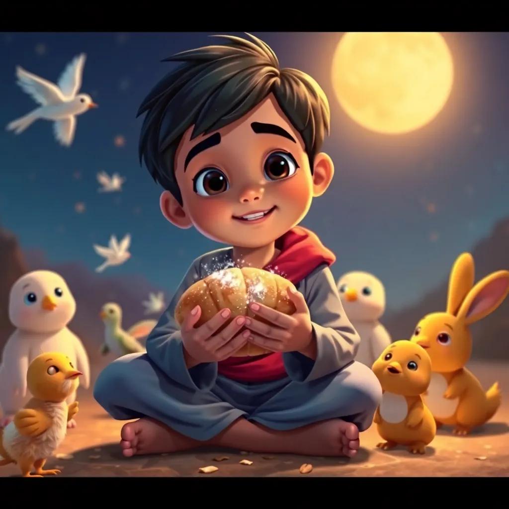 Sami, a young Arab boy with short black hair, sitting on the ground with a sparkling loaf of bread in his hands, surrounded by curious animals like birds and bunnies, magical atmosphere, bright colors, heartwarming