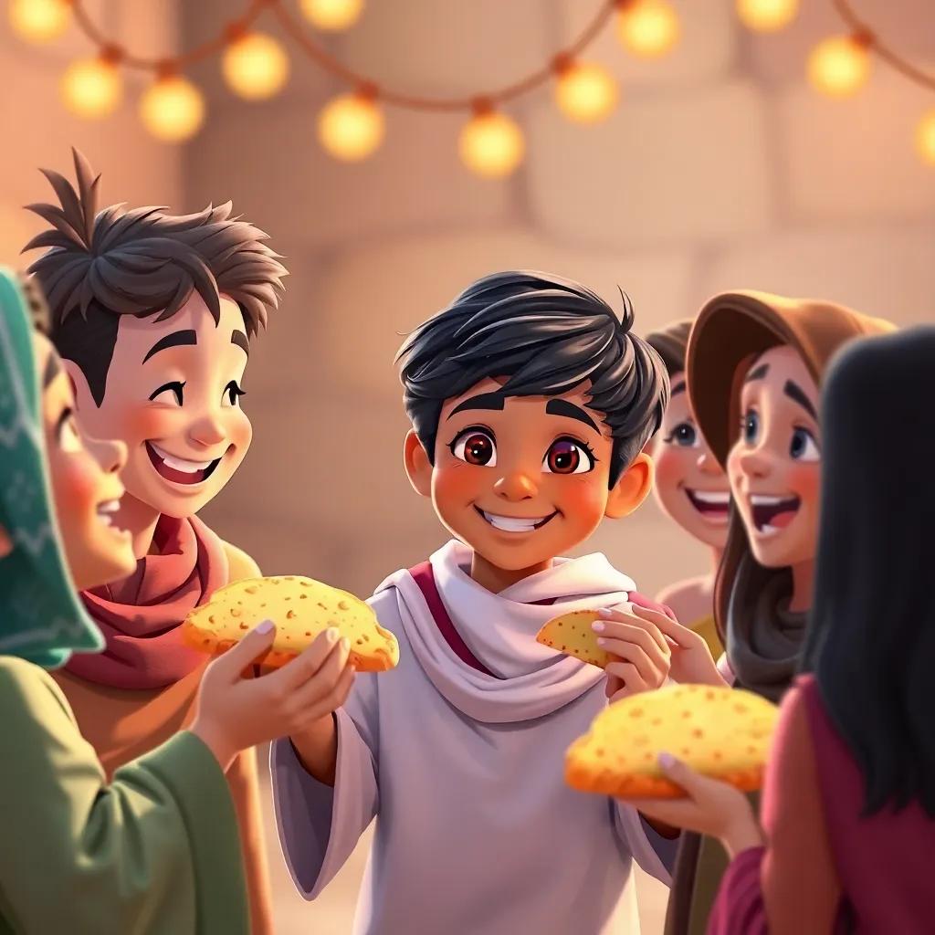 A lively scene of Sami, a young Arab boy with short black hair, sharing pieces of the magical bread with his happy friends, who are smiling and celebrating, cheerful and colorful, joyful connection