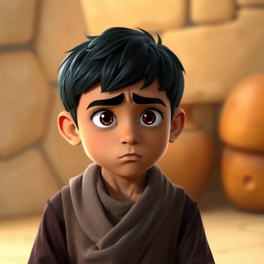 Sami, a young Arab boy with short black hair, looking worried as he sees the magical loaf disappearing, depicted in a thoughtful pose with a frowning face, warm yet serious atmosphere, impactful