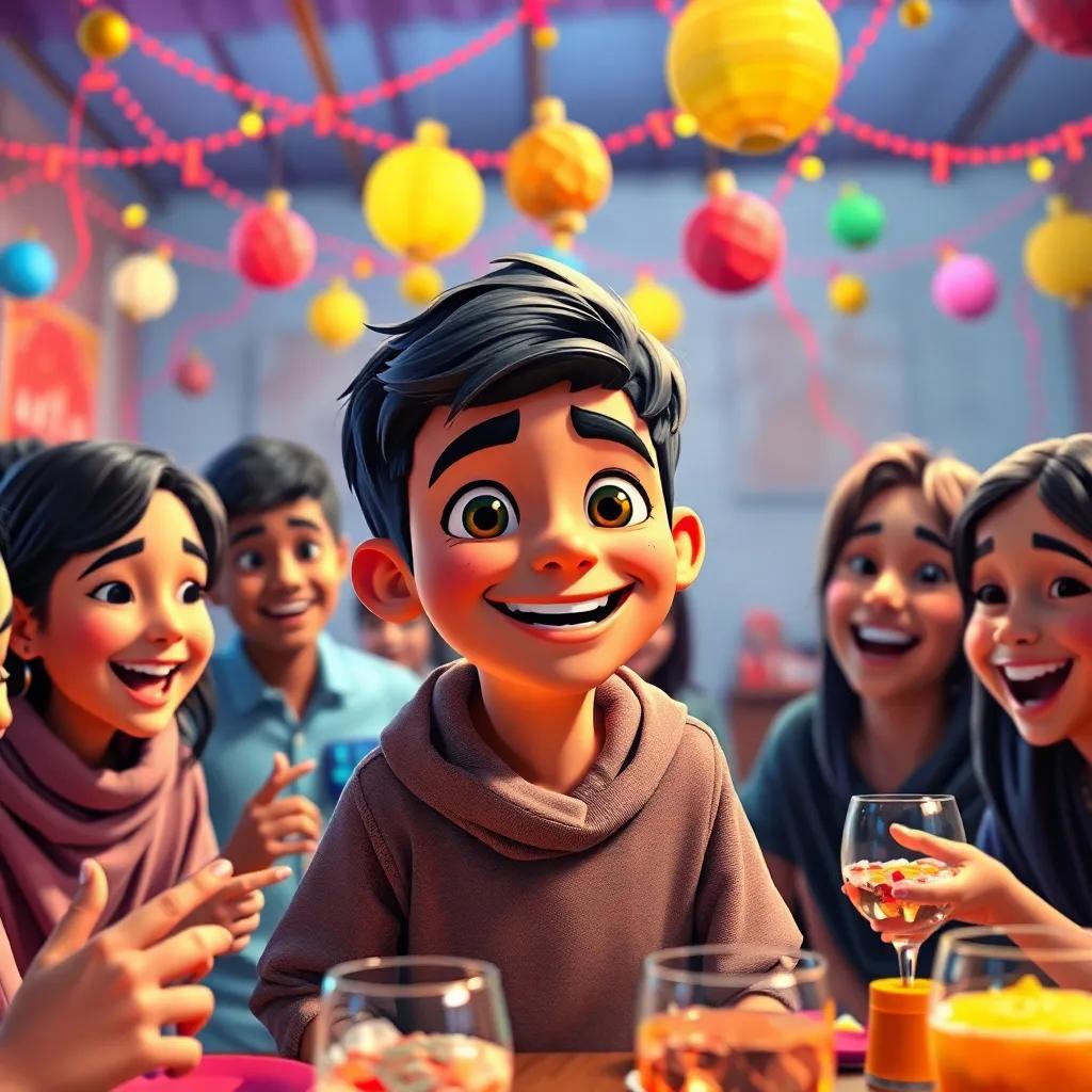 A festive gathering with Sami, a young Arab boy with short black hair, and friends enjoying a joyful party, colorful decorations and laughter, vibrant atmosphere, memorable celebration