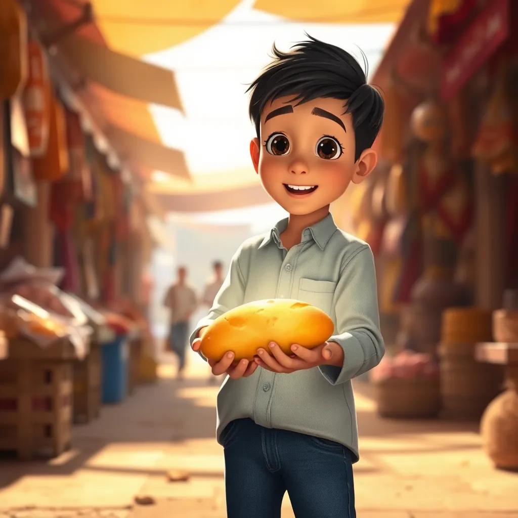 A young Arab boy, Yusuf, with short black hair wearing a simple shirt and jeans, discovering a magical loaf of bread glowing in the market, bright sunlight, digital art, colorful, cheerful atmosphere, high quality