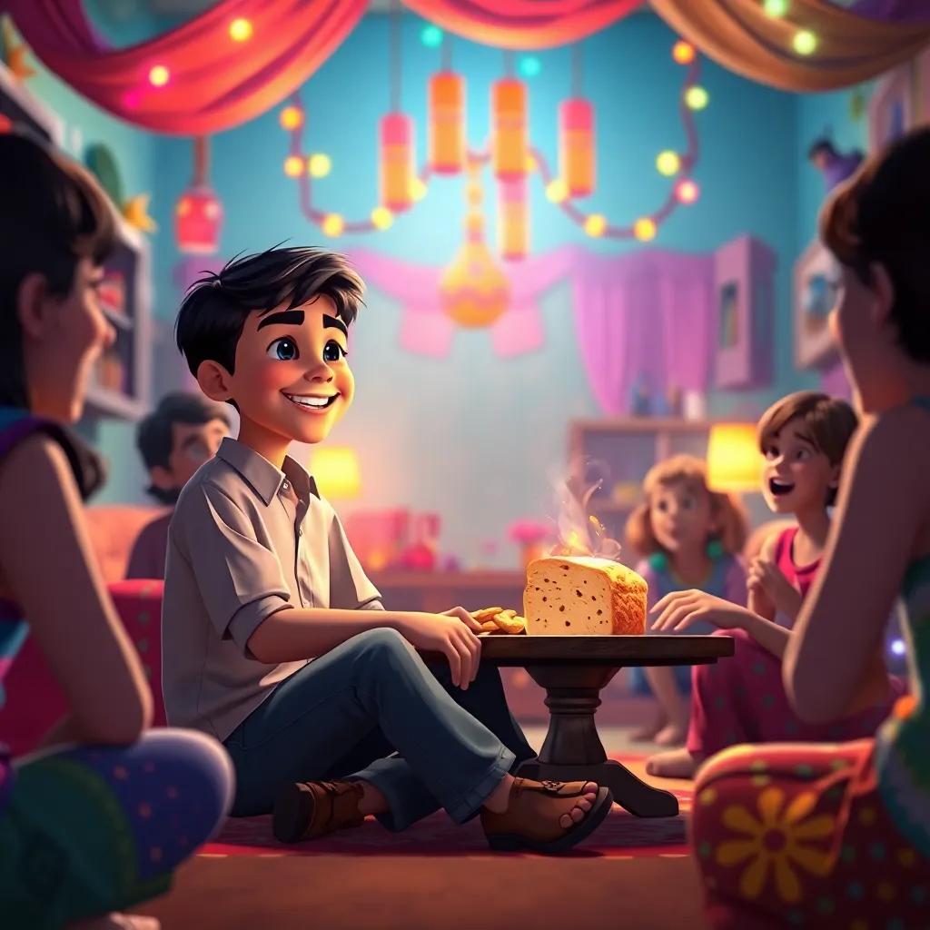 Yusuf, a young Arab boy, with short black hair wearing a simple shirt and jeans, sitting in his colorful room filled with vibrant lights after eating the magical bread, excited friends around, illustrating joy, detailed, inviting scene