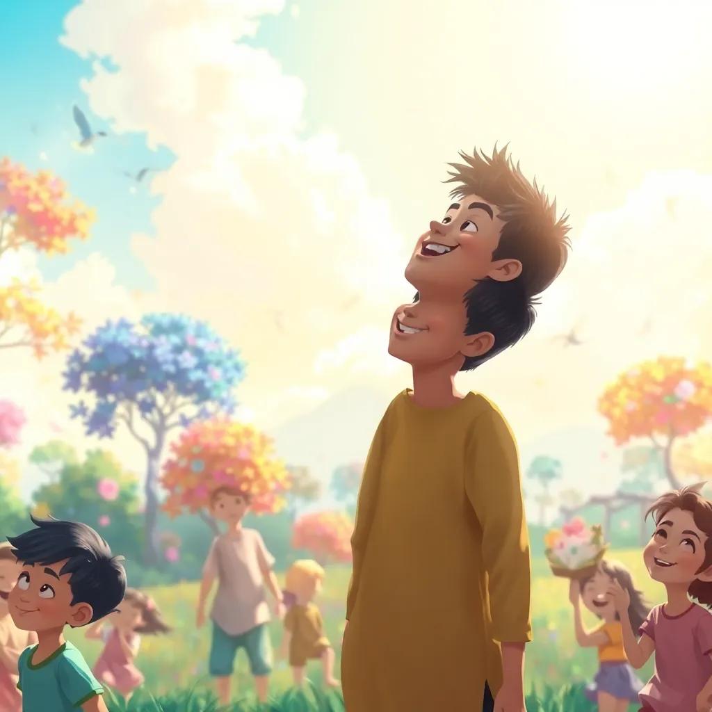 Yusuf joyfully looking at the horizon with colorful trees swaying in the wind, surrounded by joyful children, a magical atmosphere in the air, digital painting, sunny, uplifting energy