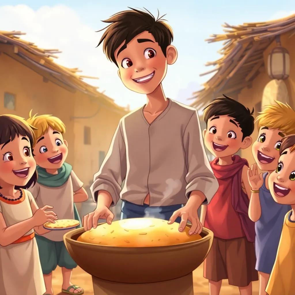 Yusuf, a young Arab boy, with short black hair wearing a simple shirt and jeans, baking more magical bread with excited kids in the village, full of happiness and laughter, warm light, community spirit, lively illustration