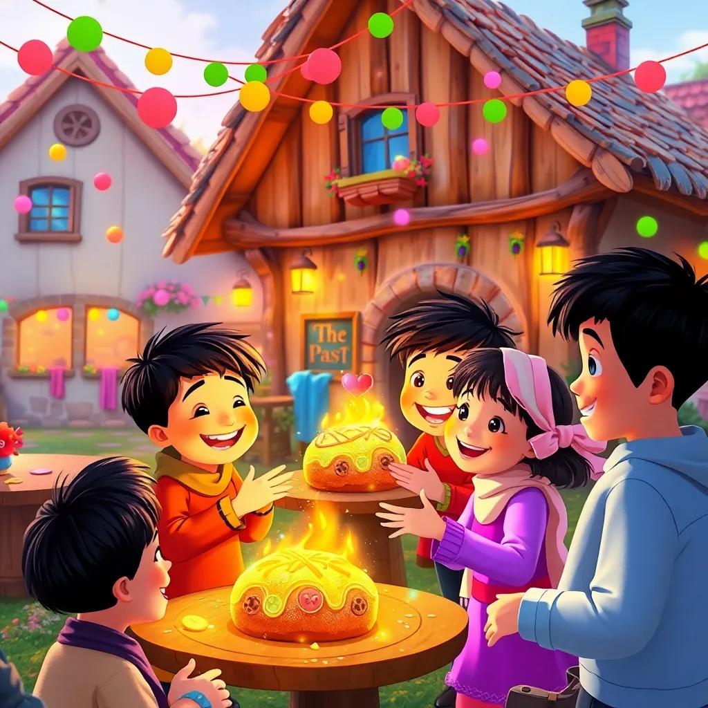 A vibrant village scene with happy children enjoying colorful spirits after eating magical bread, decorations floating in the air, filled with joy and togetherness, digital art, cheerful, heartwarming sight