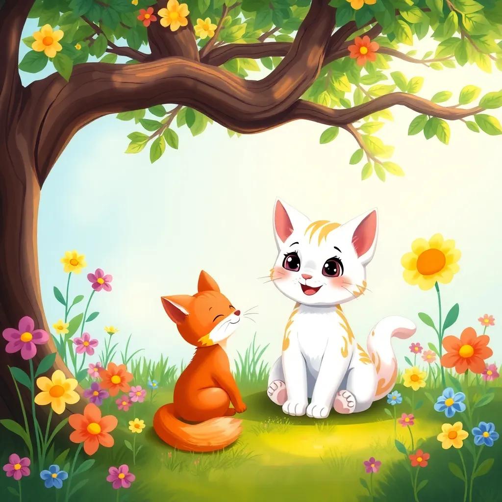 A cute little cat named Mia, sitting under a big tree with colorful flowers around, smiling while talking to a little fox, bright and cheerful atmosphere, digital art, vibrant colors, friendly setting, high quality, playful mood