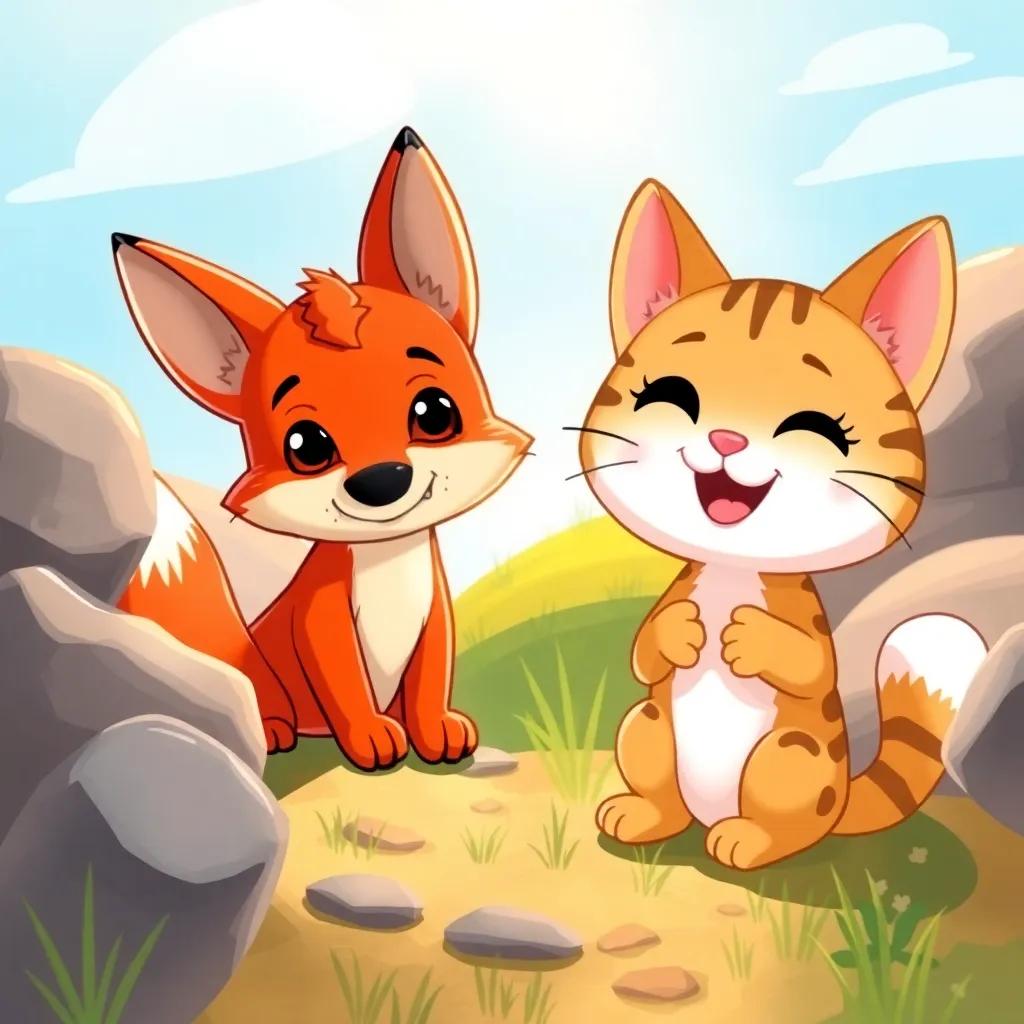 A clever little fox hiding behind rocks while a little cat named Mia is counting with a joyful expression, sunny day with blue sky, colorful landscape, digital illustration, cheerful, fun theme, high quality