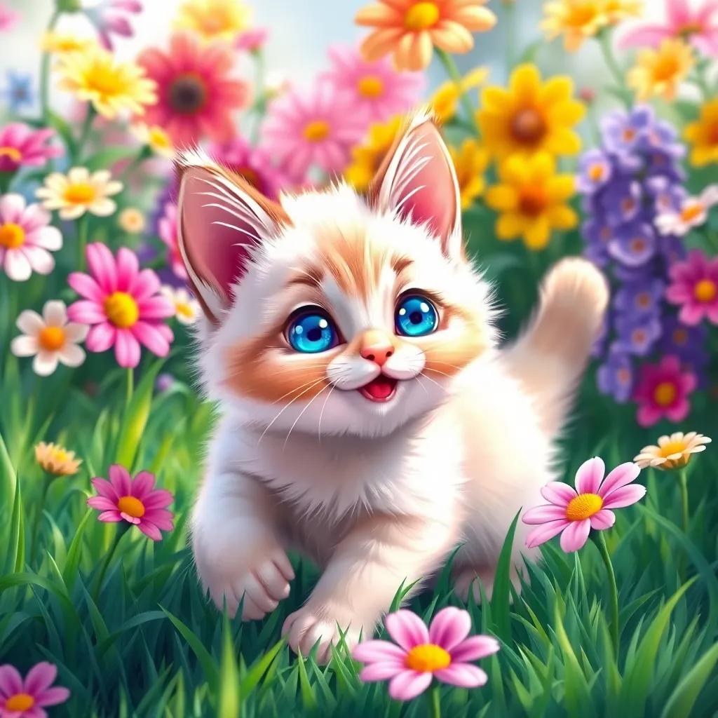 A cute little cat, Mimy, with soft fur and blue eyes, playing in a beautiful garden filled with colorful flowers and green grass, cheerful, bright atmosphere, highly detailed, digital art