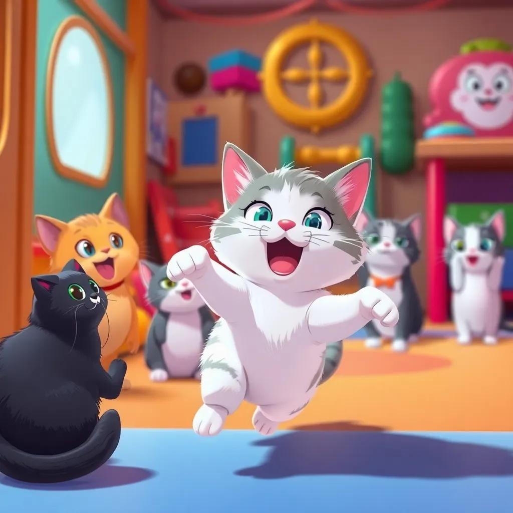 A playful scene of Mimy, the cute cat, showing off his speed in a children's play area, with surprised expressions on BOB and other cats, vibrant colors, lively and joyful mood, illustration, friendly atmosphere