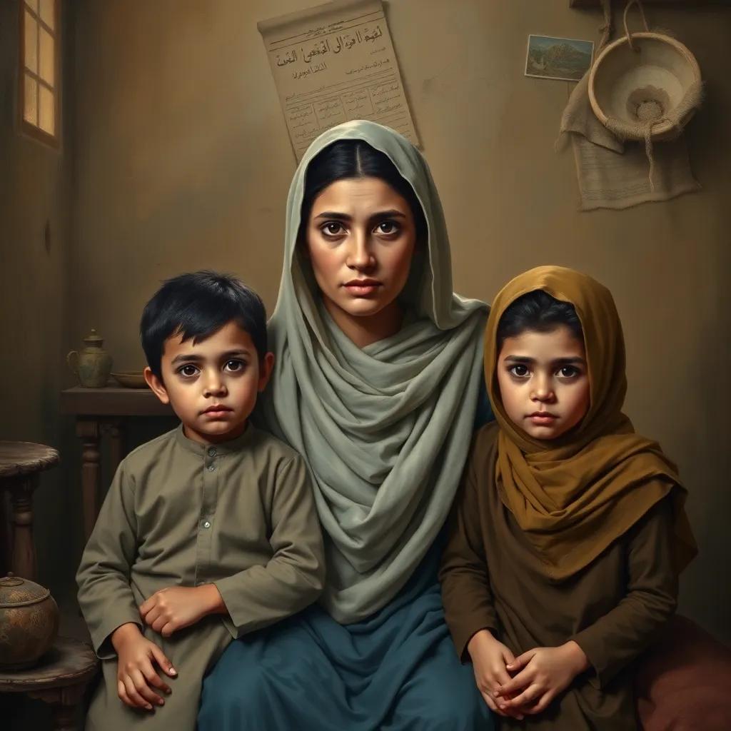A poor mother, Fatima, looking determined with her two children, Yassin and Marwa, at their small, humble home with worn furniture, soft light, warm colors, heartwarming scene, high quality, digital art