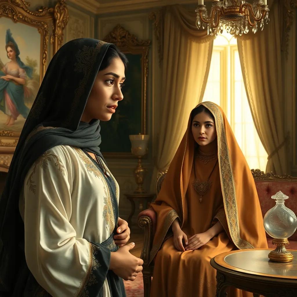 Fatima, a poor mother, worried as she approaches a wealthy lady named Layla, in an elegant living room filled with luxury, expressing concern and hope, warm light, friendly atmosphere, high quality, rich details