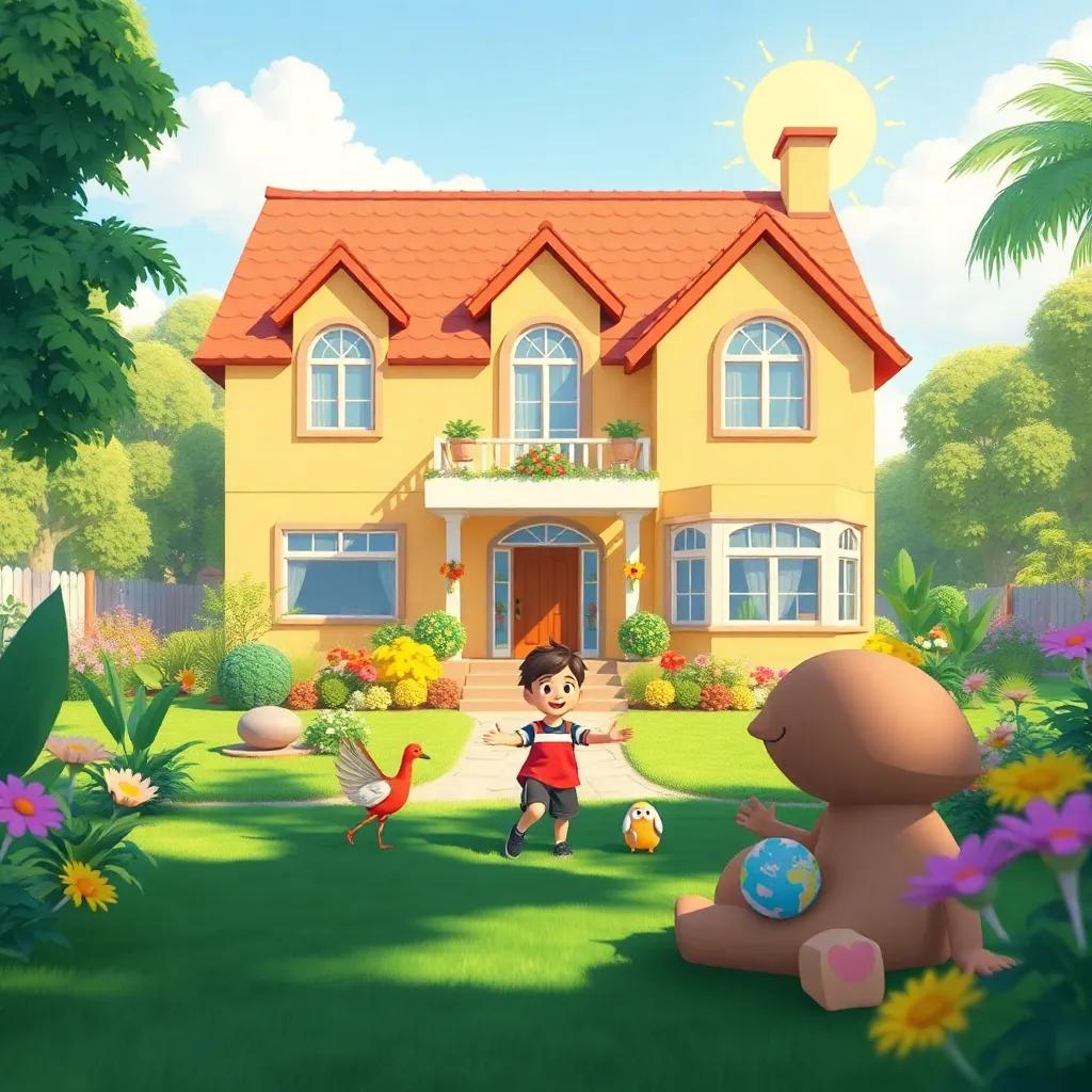 A sunny big house with a beautiful garden, a boy named Youssef playing with his friends, cheerful atmosphere, detailed illustration, bright colors, inviting scene, rich details, high quality