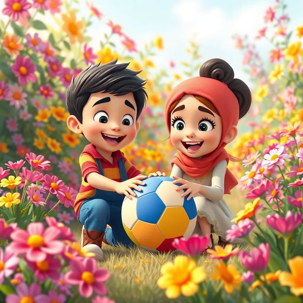 Youssef and Leila playing with a ball in a vibrant garden, flowers blooming everywhere, joyful expressions, whimsical style, colorful, lively scene, child-friendly