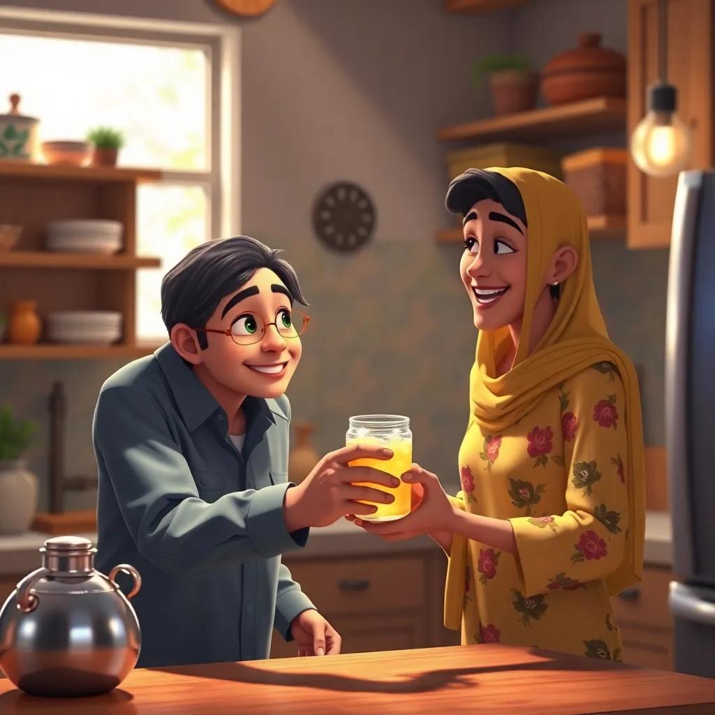 Youssef offering cold lemonade to Leila, both smiling in a cozy kitchen, bright and warm light, colorful, inviting scene, happy expressions, detailed art, high quality