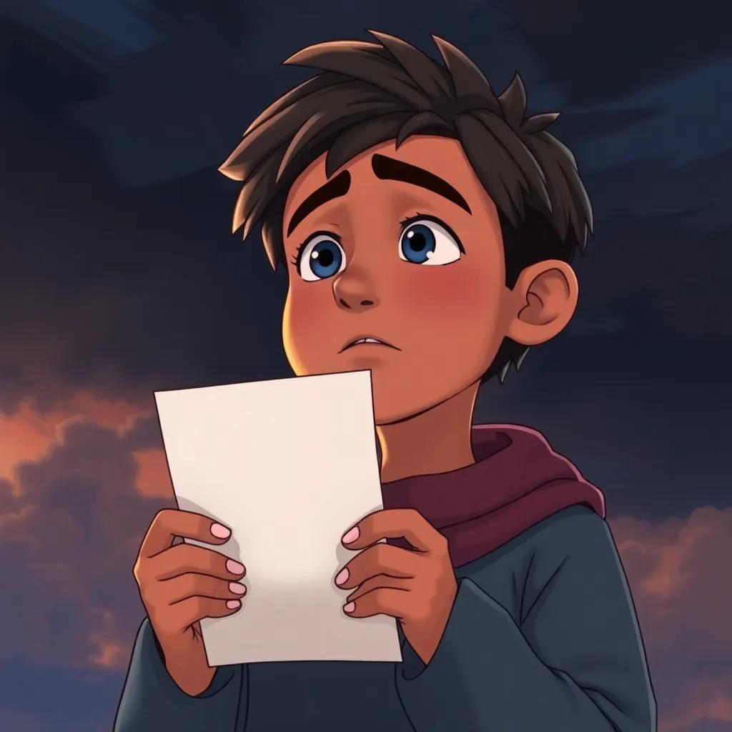 Youssef looking sad with a letter in his hands, dark clouds in the background, emotional but hopeful expression, detailed art, deep colors, thoughtful atmosphere, high quality