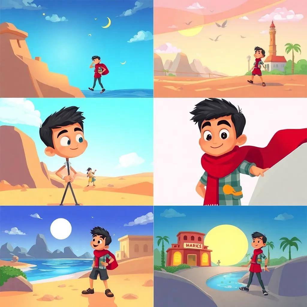Youssef searching for Leila in different places, looking hopeful and determined, various backgrounds illustrating the search, colorful and lively, child-friendly style