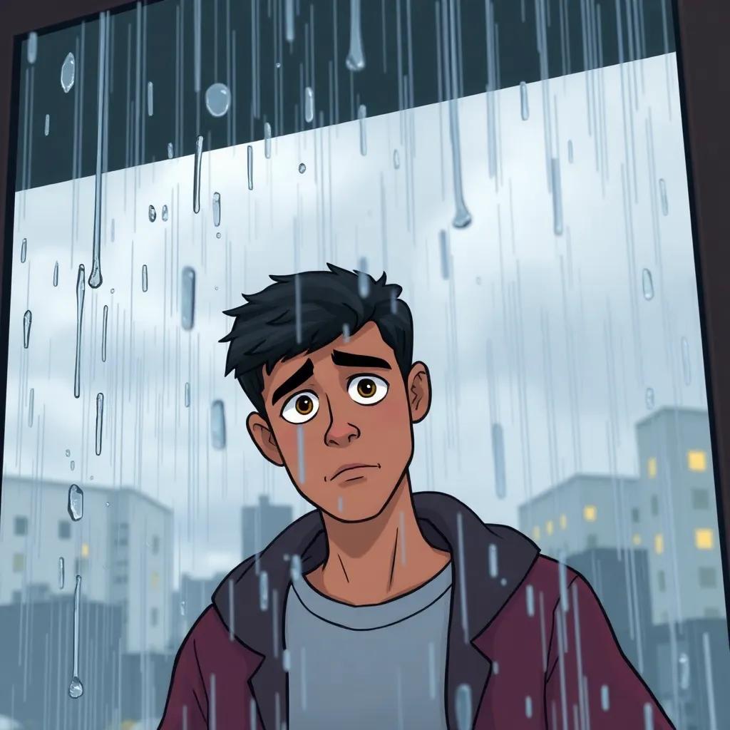 A stormy day with rain, highlighting Youssef's sadness, rain drops on the window, uncertain atmosphere, detailed illustration, bright colors contrasting with gray, high quality